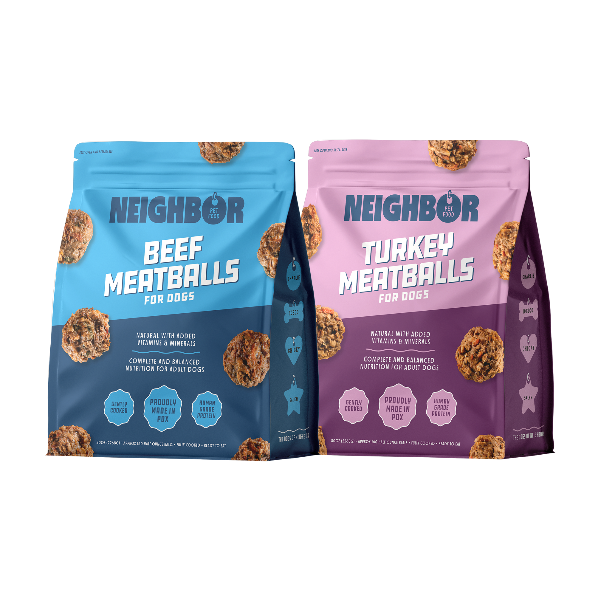 Bags of Neighbor pet food meatballs in beef and turkey.