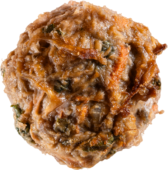 Closeup of a cooked meatball from Neighbor Pet Food