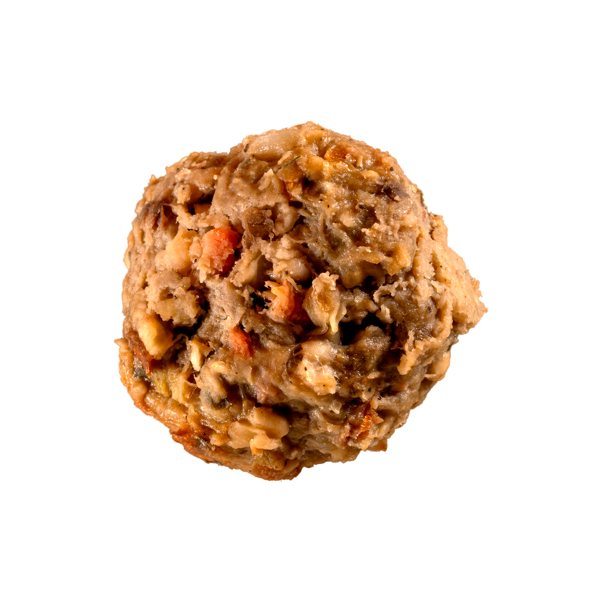 Closeup of turkey meatballs with fresh vegetables, fruit, and carrots for dogs