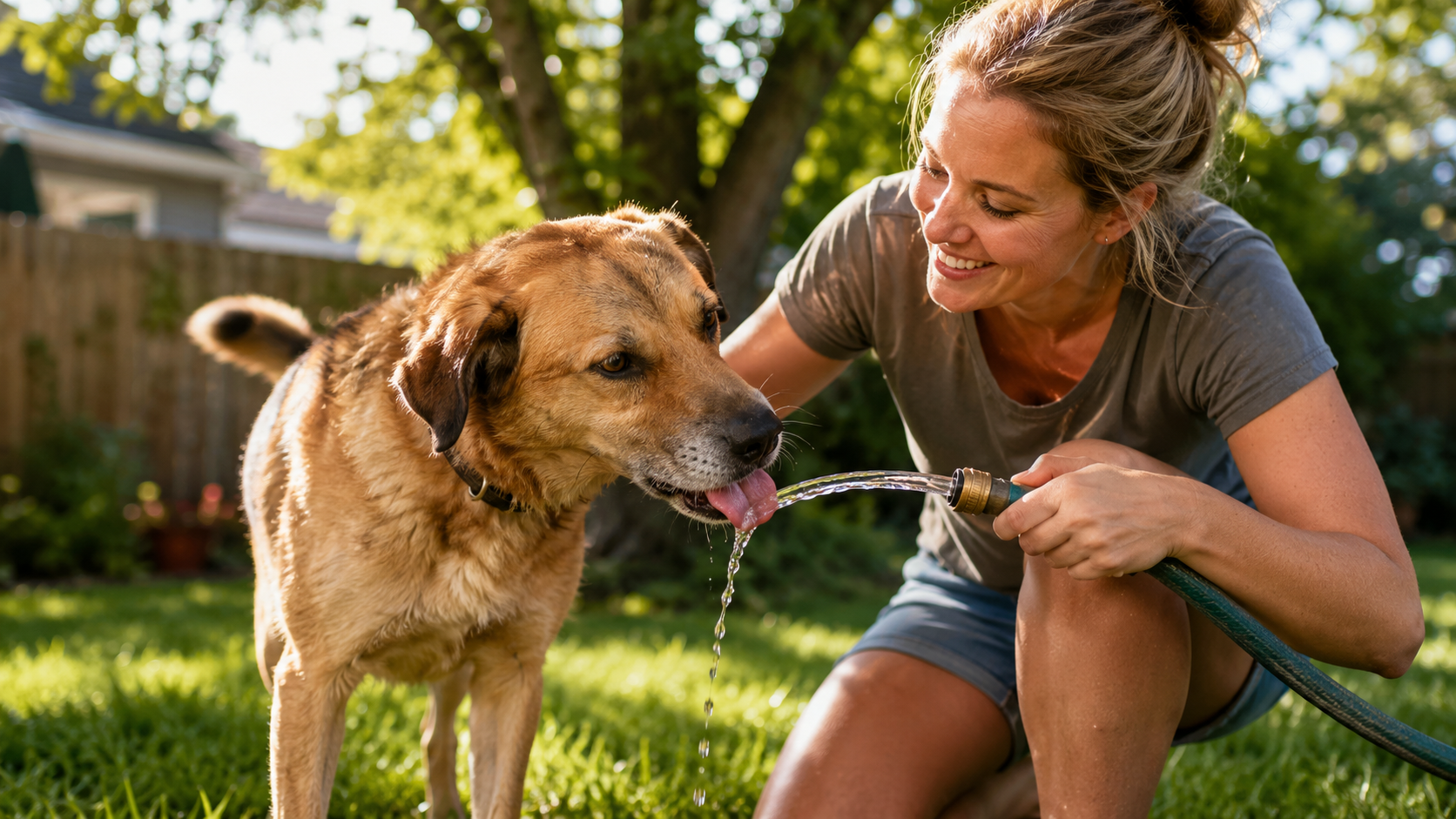 Dog drinking water from a hose in a Portland backyard on a hot summer day.