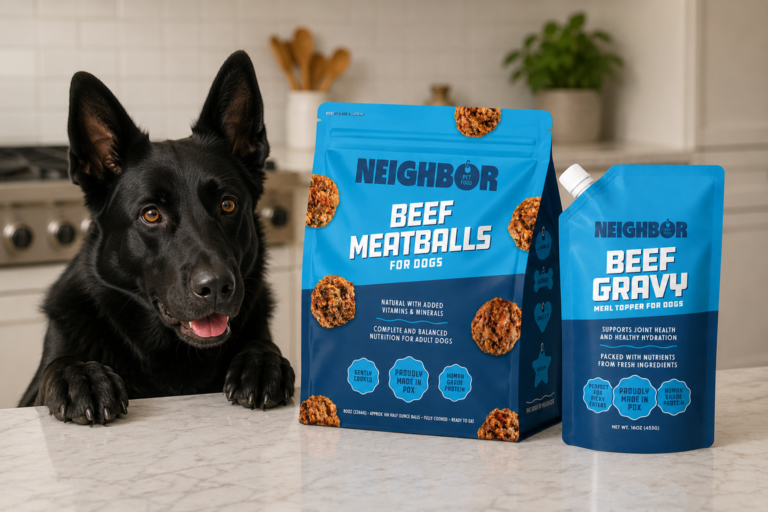 Dog with Neighbor Beef Meatballs and Beef Gravy packages on a kitchen counter