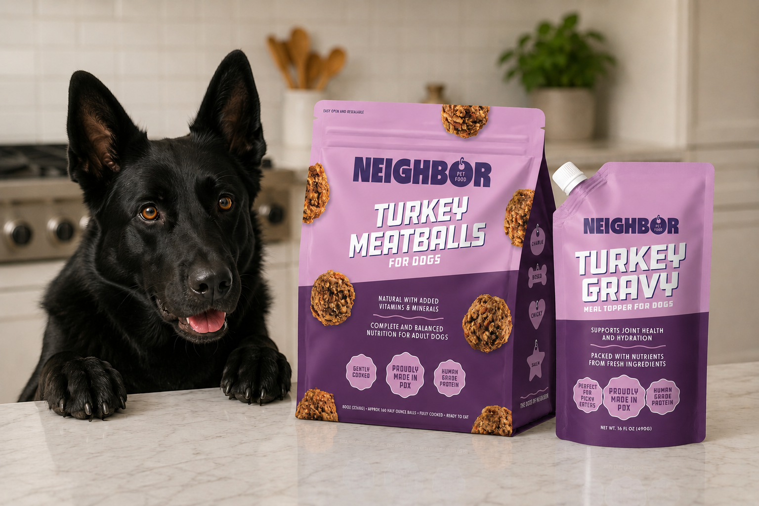Black dog sitting next to Neighbor brand turkey meatballs and gravy packages in a kitchen.