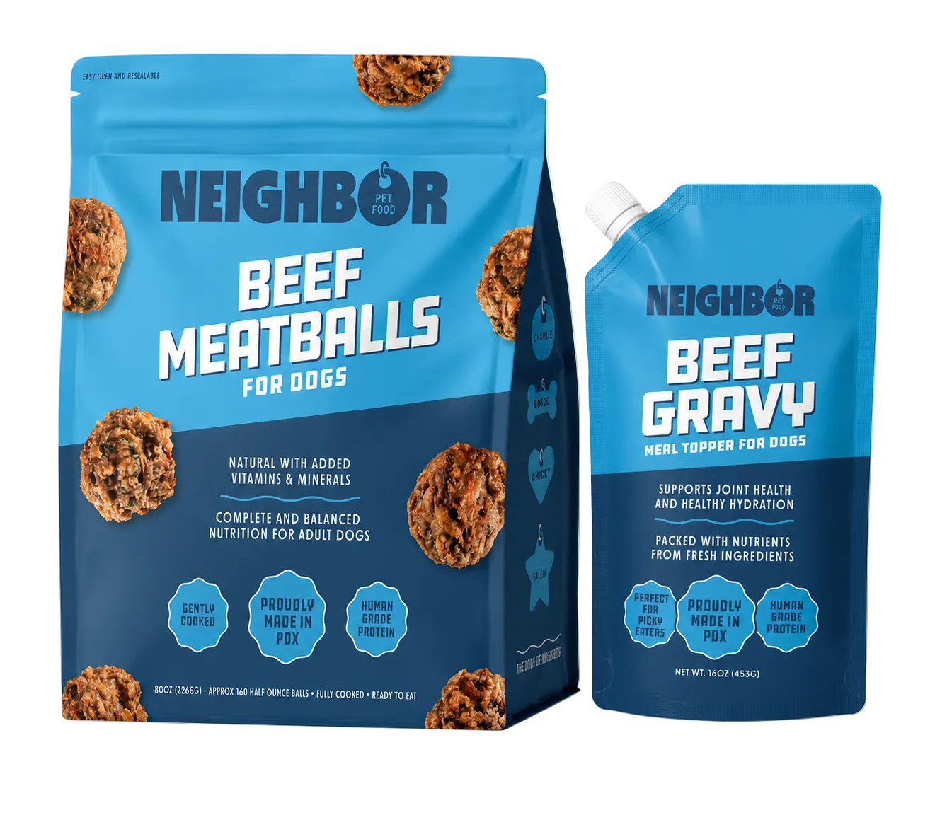 Two blueNeighbor branded pet food packages for beef meatballs and gravy on a white background