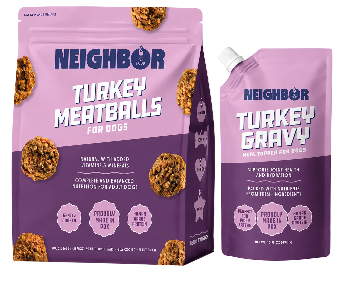 NeighboUR Turkey Meatballs and Gravy packages on a white background