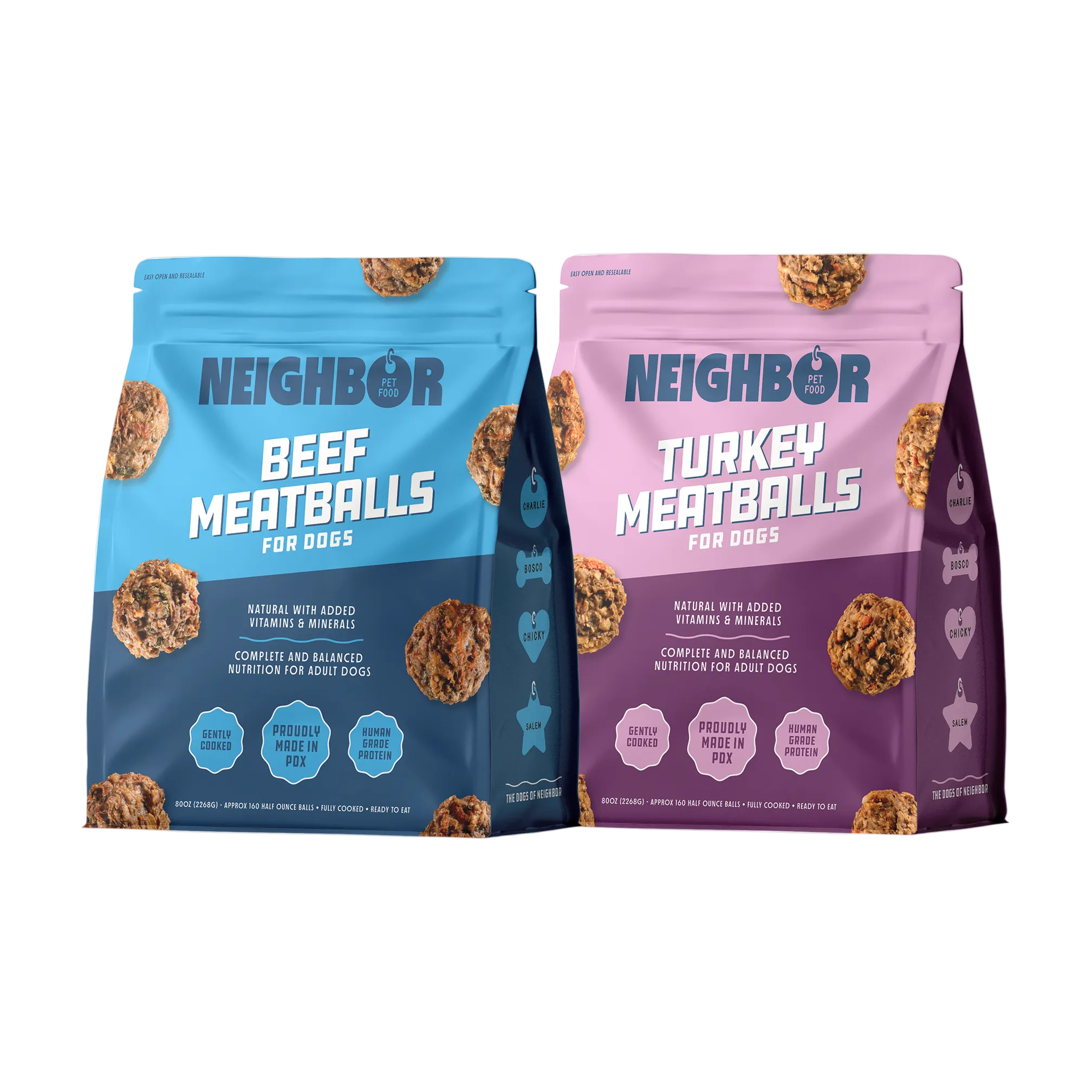 Bags of Neighbor pet food meatballs in beef and turkey.