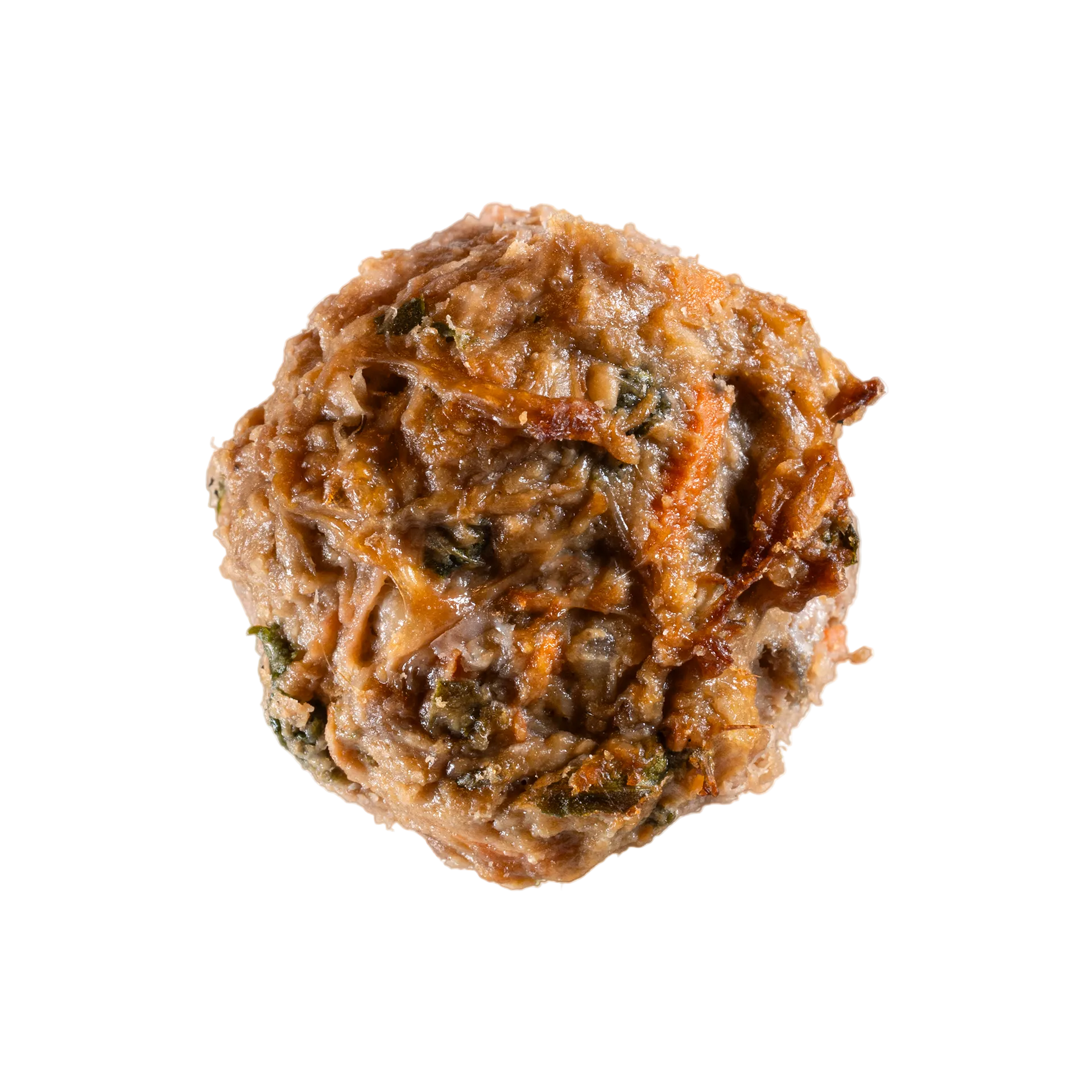Closeup of a cooked meatball from Neighbor Pet Food