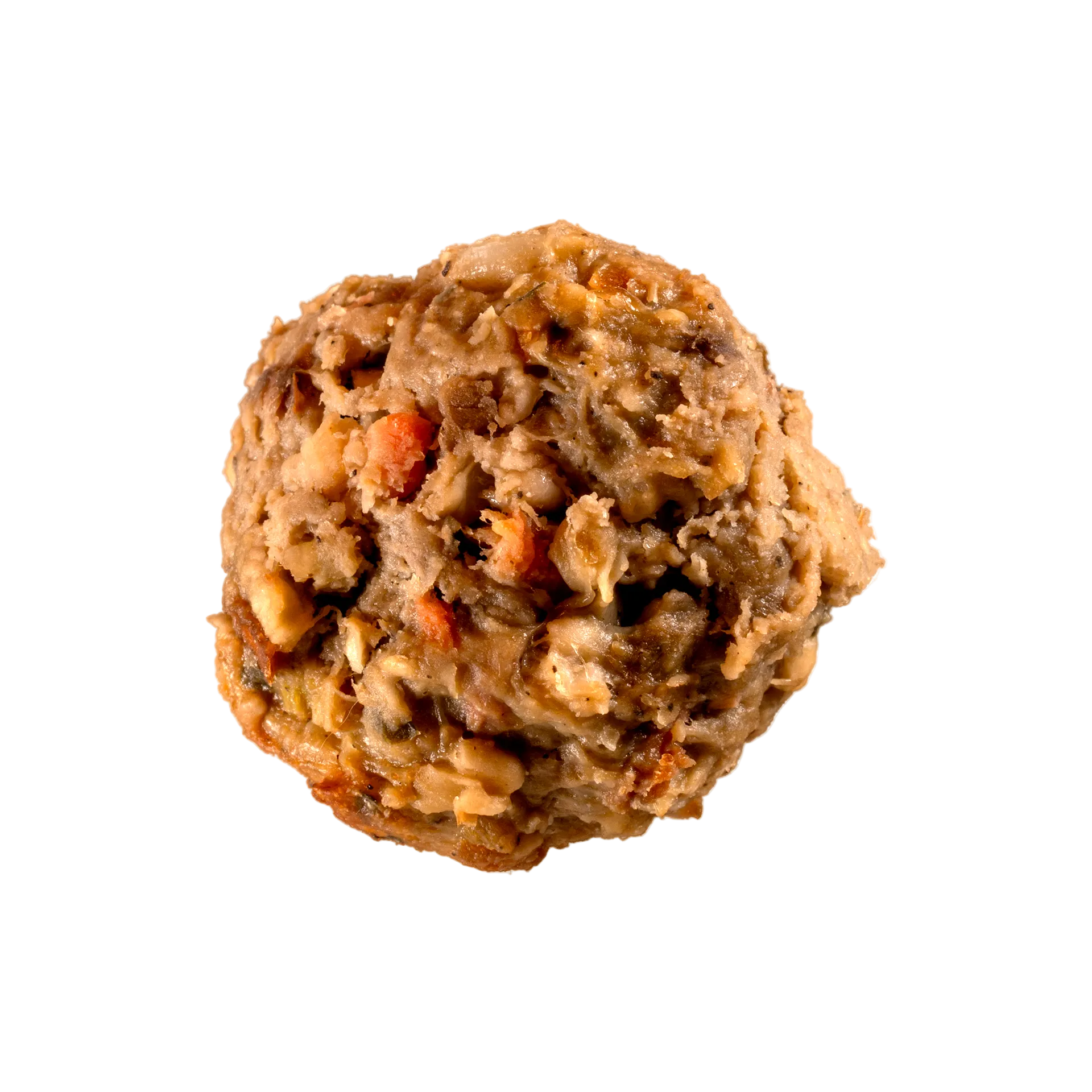 Closeup of turkey meatballs with fresh vegetables, fruit, and carrots for dogs