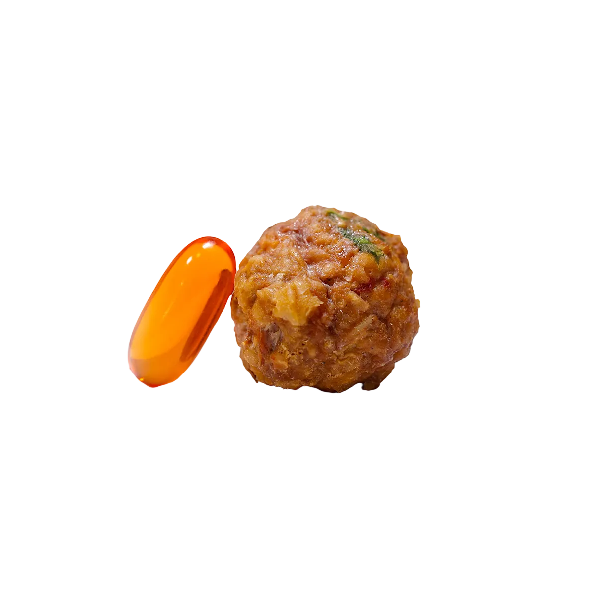 size of fresh neighbor pet food meatball next to a softgel